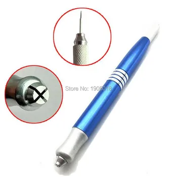 

Hot 2pcs blue double head dual use semi permanent top grade eyebrow tattoo manual pen microblade shading pens free 10pcs needles