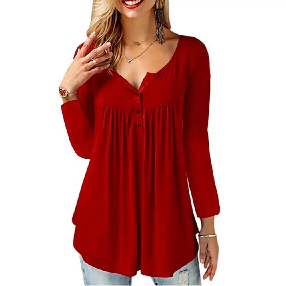 

Yfashion Women Button Pleated Long-sleeved Solid Color Tops