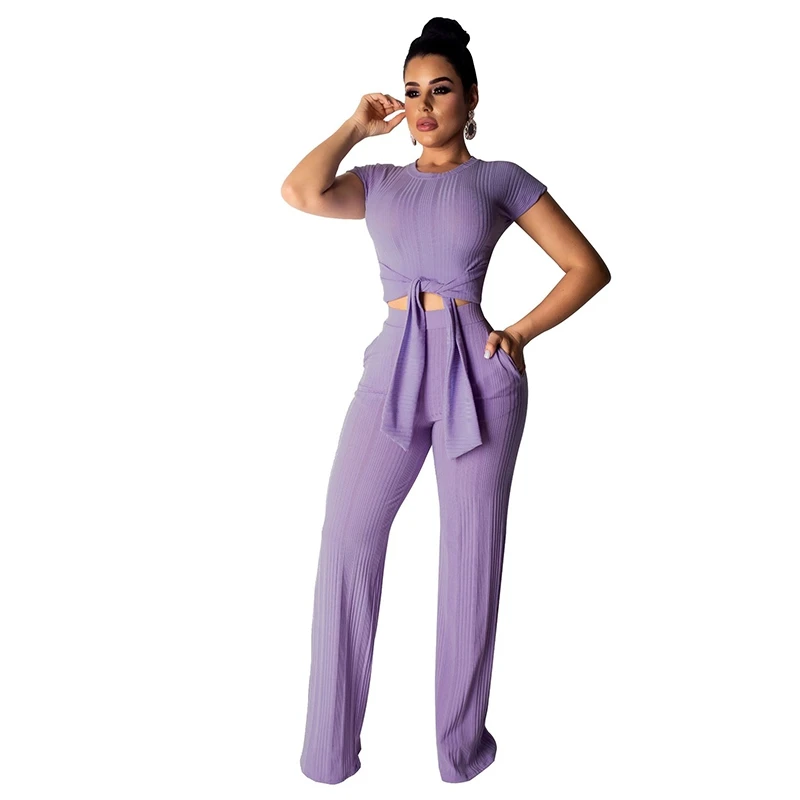 Вязанные комплекты из двух предметов Женская одежда с круглым вырезом короткий рукав бандажный топ+ карман широкие штанишки карамельного цвета спортивный костюм - Цвет: Purple