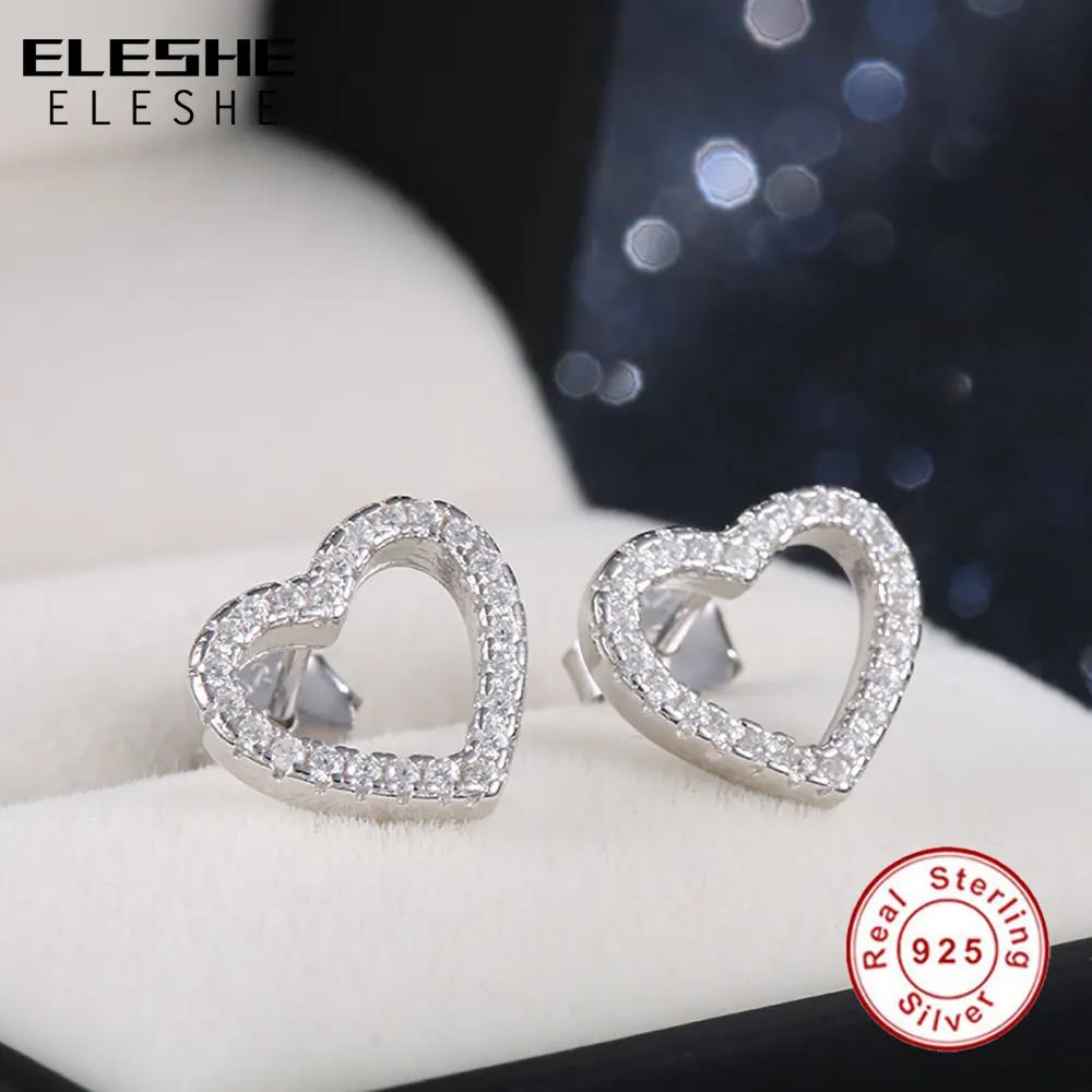 ELESHE Authentic 925 Sterling Silver Earrings for Women Pave Crystal Hollow Heart Stud Earrings Wedding Valentine's Day Gift