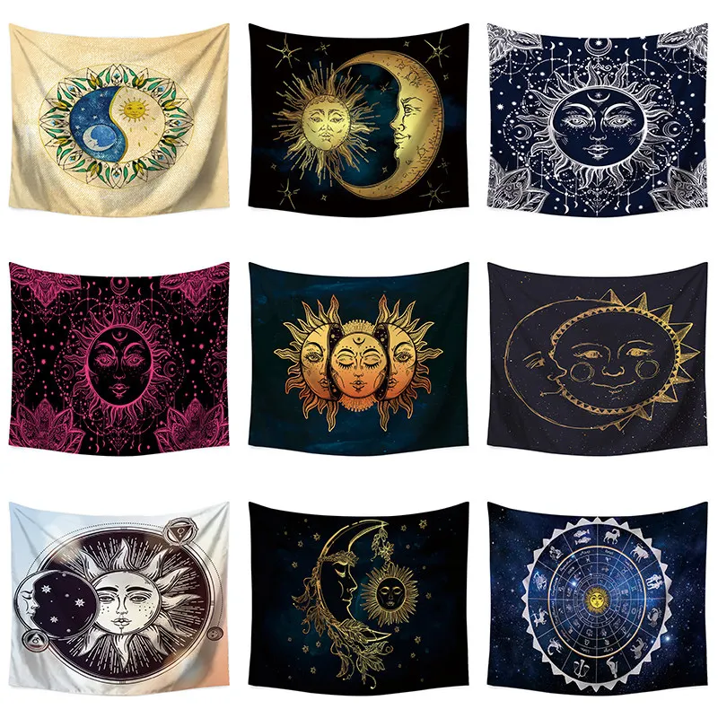

110*130cm Sun Moon Printed Soft Wall Cloth Tapestry Polyester Hanging Wall Carpet Decorative Tablecloth Blanket Home Decor 60001