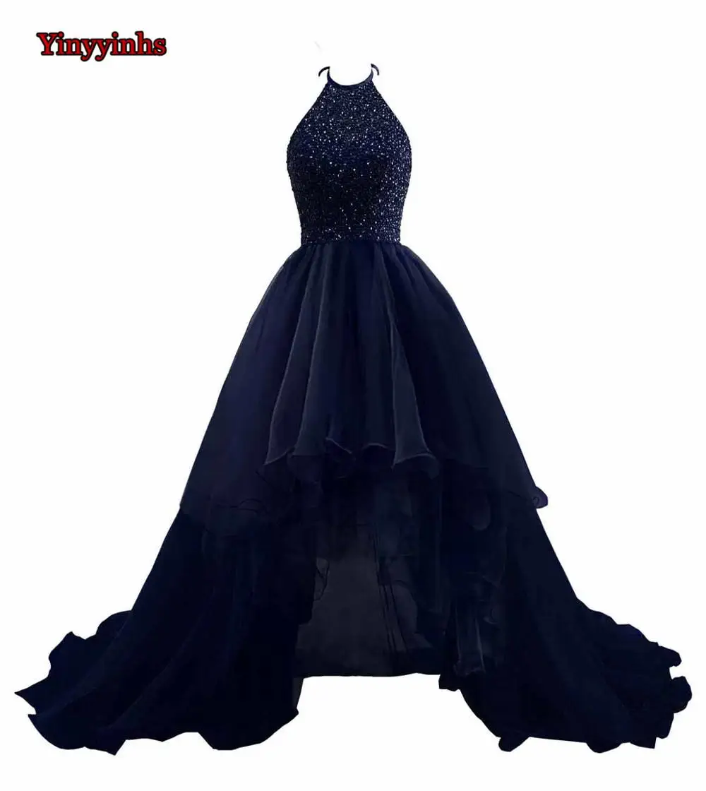 Yinyyinhs vestido de festa Longo Холтер спинки вечернее платье Hi-lo бисерные платья для выпускного вечера Formatura GG65 - Цвет: Navy