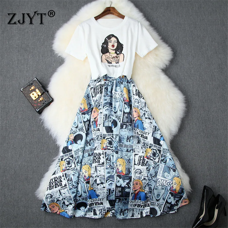 2019 Runway Designer Zomer 2 Stuk Kleding Set Vrouwen Korte Mouw Lovertjes Witte Top en Cartoon Rok Pak Bijpassende Set outfit 2019 Runway Designer Zomer 2 Stuk Kleding Set Vrouwen Korte Mouw Lovertjes Witte Top en Cartoon Rok Pak Bijpassende Set outfit