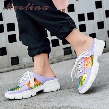 

Meotina Women Slides Summer Mules Shoes Natural Genuine Leather Bling Flat Platform Shoes Lace Up Mixed Colors Slippers Lady 40