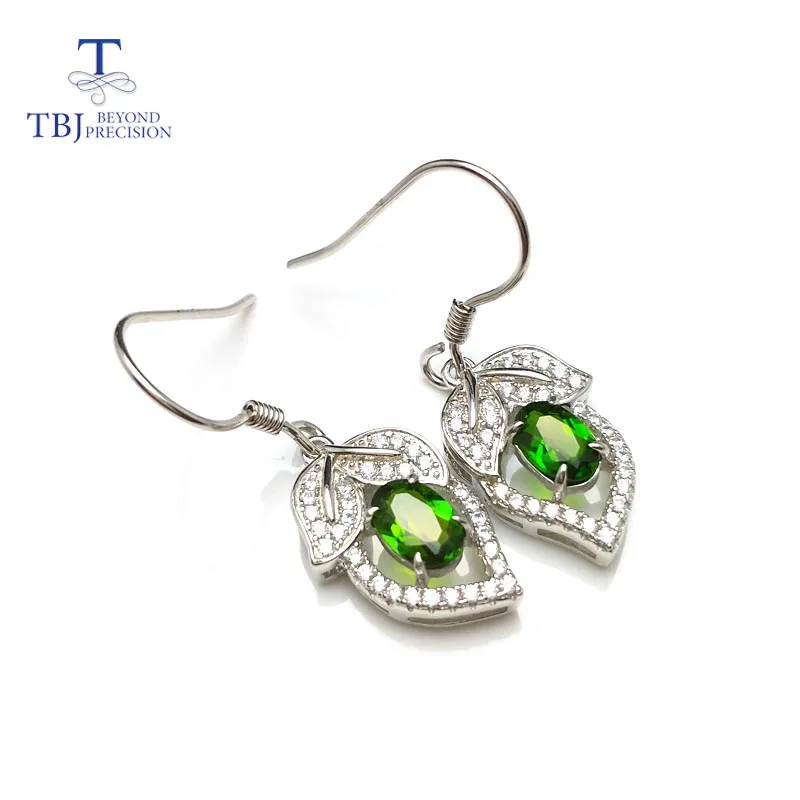 

TBJ,Natural chrome diopside real gemstone hook earring in 925 sterling silver leaf shape earring for women as valentines gift