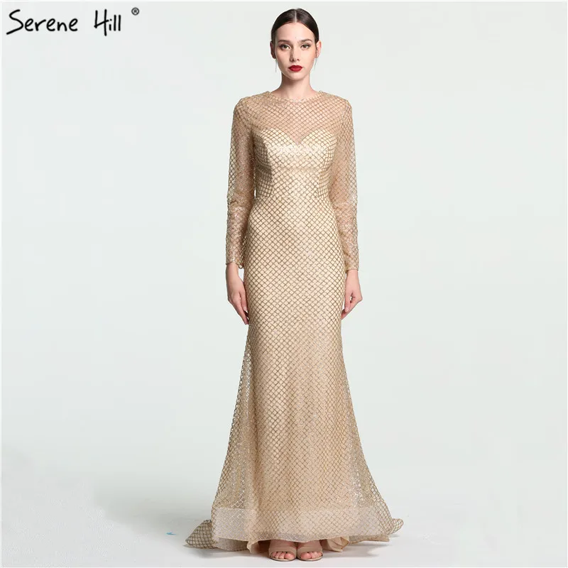 Золотое блестящее вечернее платье с длинными рукавами, роскошное сексуальное вечернее платье русалки с бисером для женщин Serene hilm LA6052
