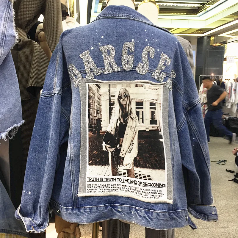 

Womens Denim Coats high quality Fashion Patch Printing Denim Jacket For Women 2019 Spring Long Sleeve Frayed Hole Jean Jacket