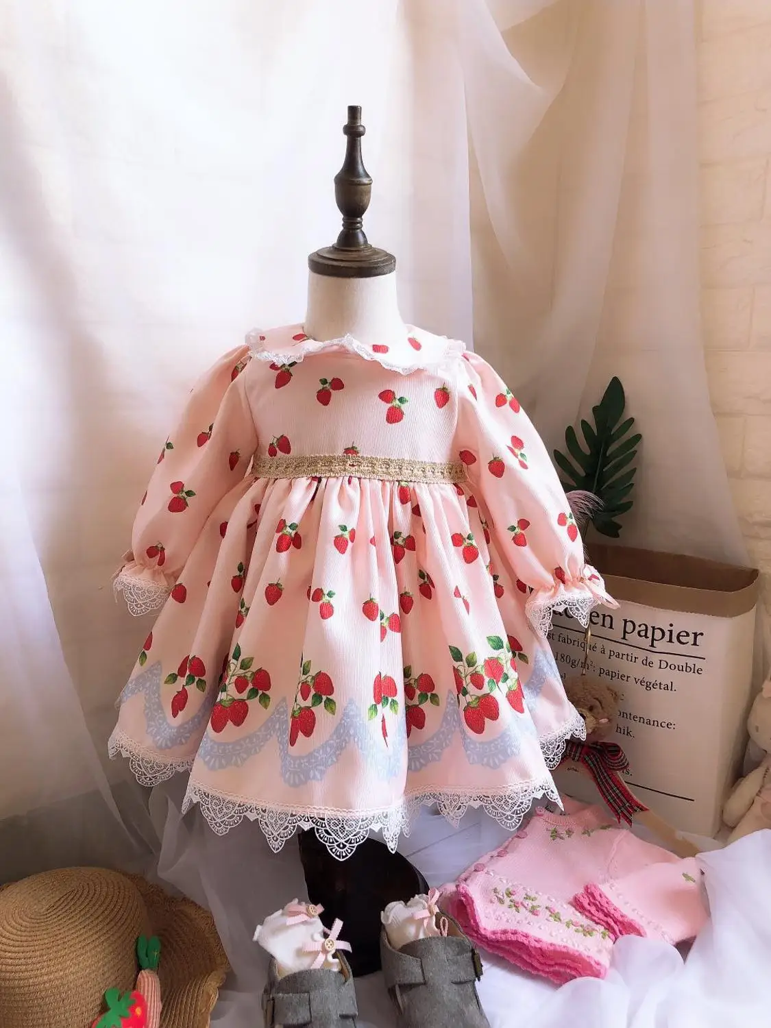 

2019 new spring autumn baby girls dress princess string pattern lace pink dress kids dress