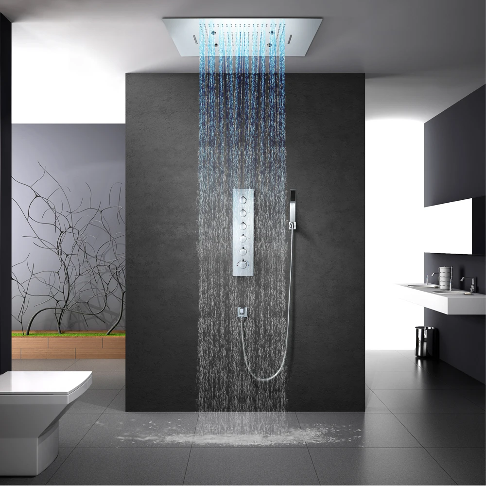 Rainfall LED Showerhead 60*80cm Waterfall Shower Heads Misty Thermostatic Shower Faucet Mixer Ceiling Mounted Shower Set 304SUS