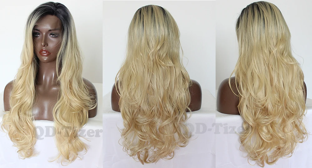 QD-Tizer Long Blonde Hair Wig Silky Ombre Blonde Synthetic Lace Front Wig Natural Wavy Lace Front Wigs For Black Women 6