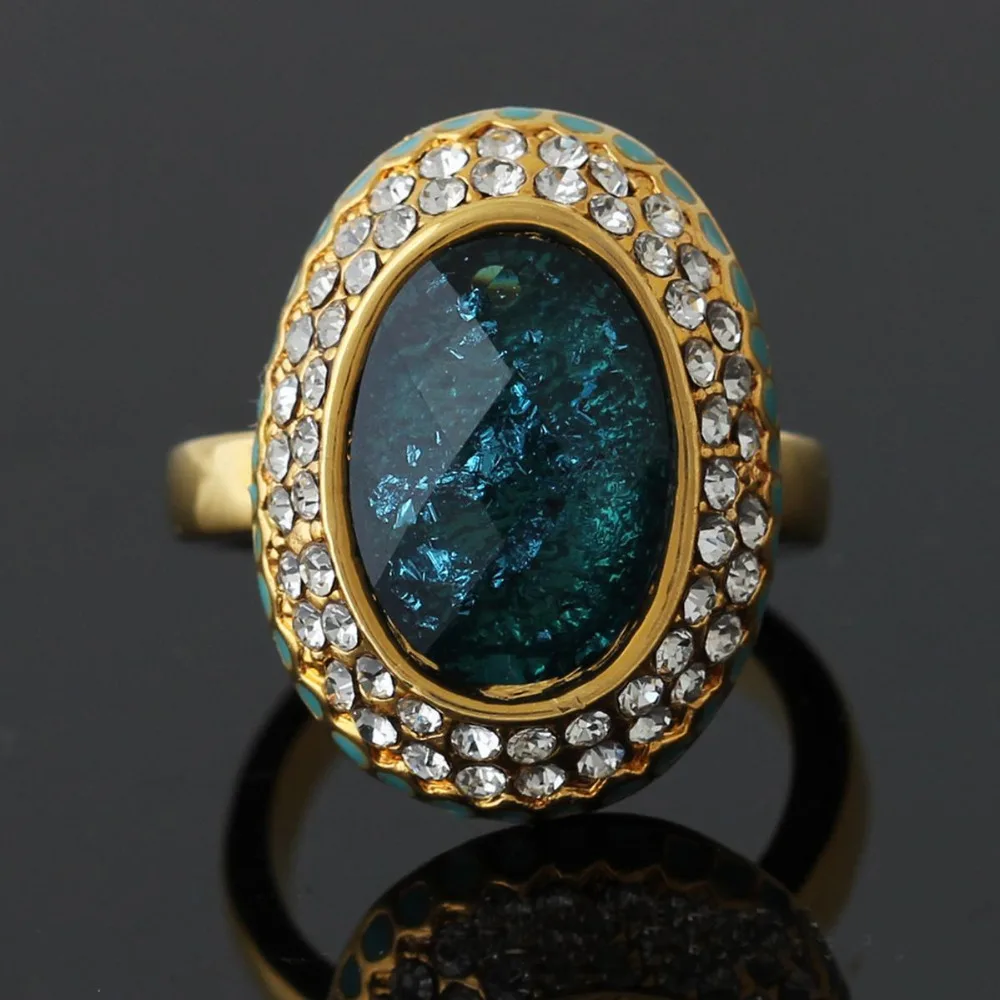 Green Oval Crushed Stone Glass Rings for Women Bohemian Jewelry Retro