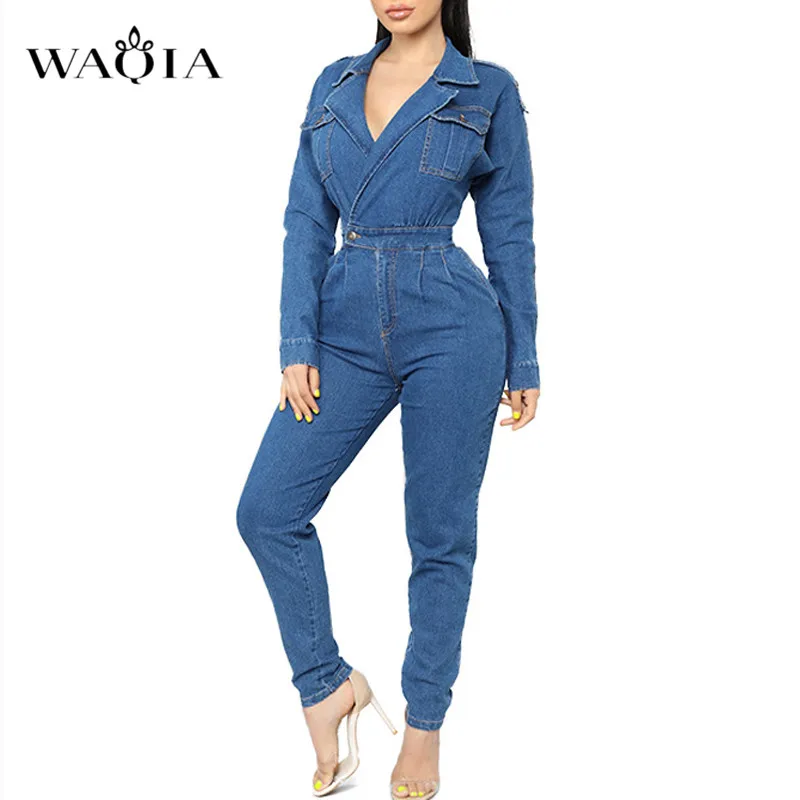 

WAQIA 2019 Women Spring Clothing Overalls High Waist Slim Jeans Jumpers Lapel Pocket Denim Jumpsuit Night Club Rompers Plus Size
