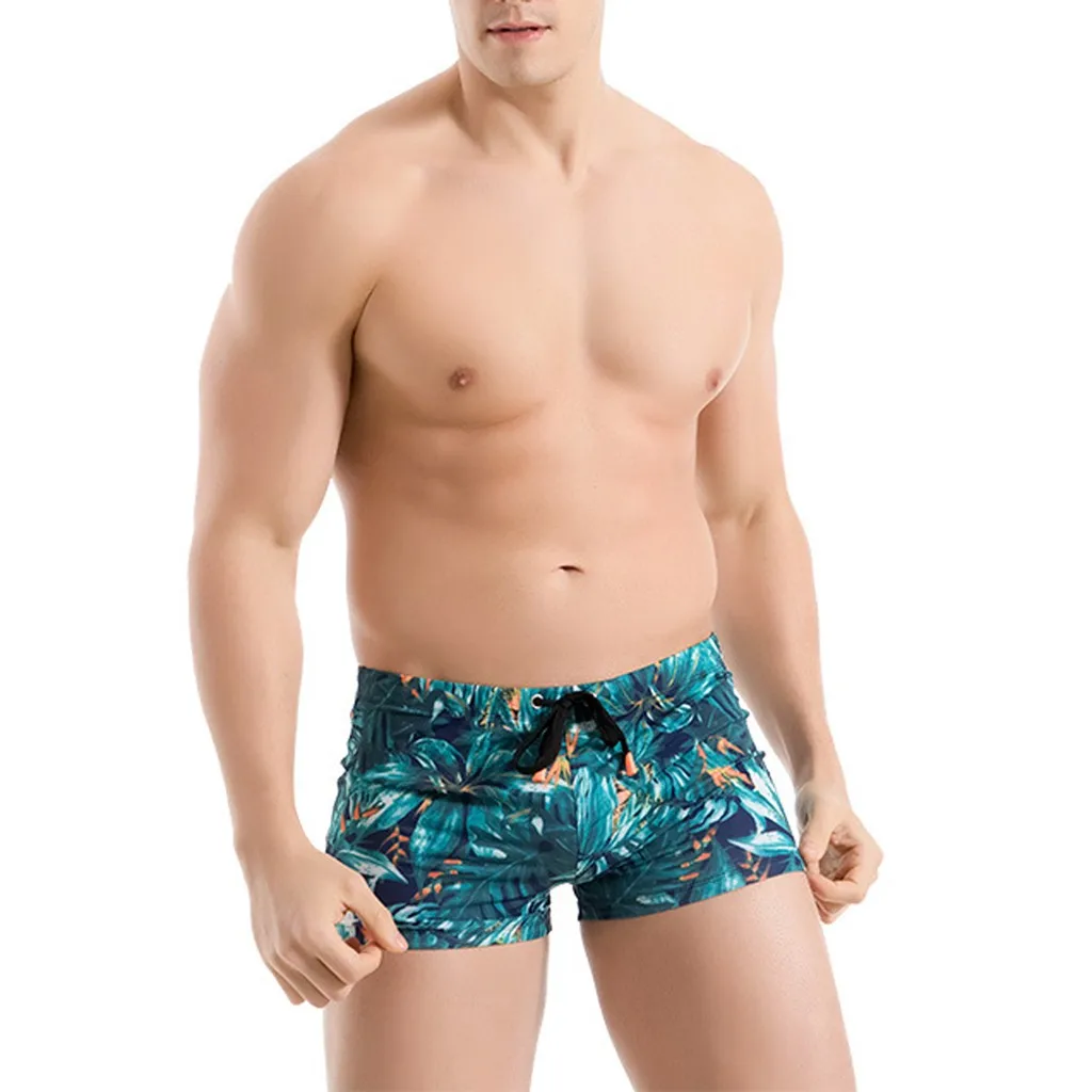 

2019 Summer Elastic Leaf Print Men Swimming Trunks Men Sexy Swimsuit Swimwear Beach Pants Surf Board Shorts Mayo Sunga Masculina