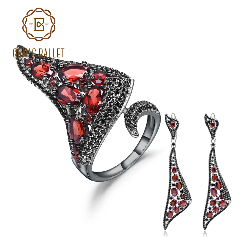 

GEM'S BALLET Natural Red Garnet Geometric Drop Earrings Ring Set 925 Sterling Silver Gothic Vintage Fine Jewelry Sets For Women