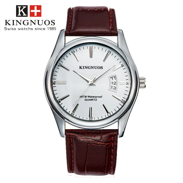 KINGNUOS модные простые мужские часы повседневные водонепроницаемые кварцевые часы классические деловые кожаные Наручные часы Zegarki Meskie - Цвет: Brown and White