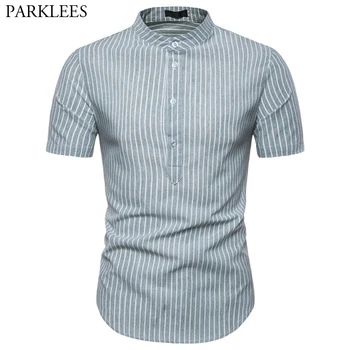 

2019 Summer New Stand Colllar Vertical Striped Shirt Men Slim Fit Short Sleeve Mens Dress Shirts Business Casual Shirt for Male