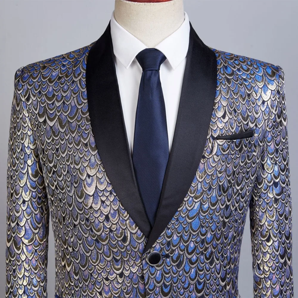 

PYJTRL Male Shawl Lapel Gold Blue Jacquard Scale Pattern Slim Fit Blazer Hombre Suit Jacket Men Wedding Groom Singers Costume