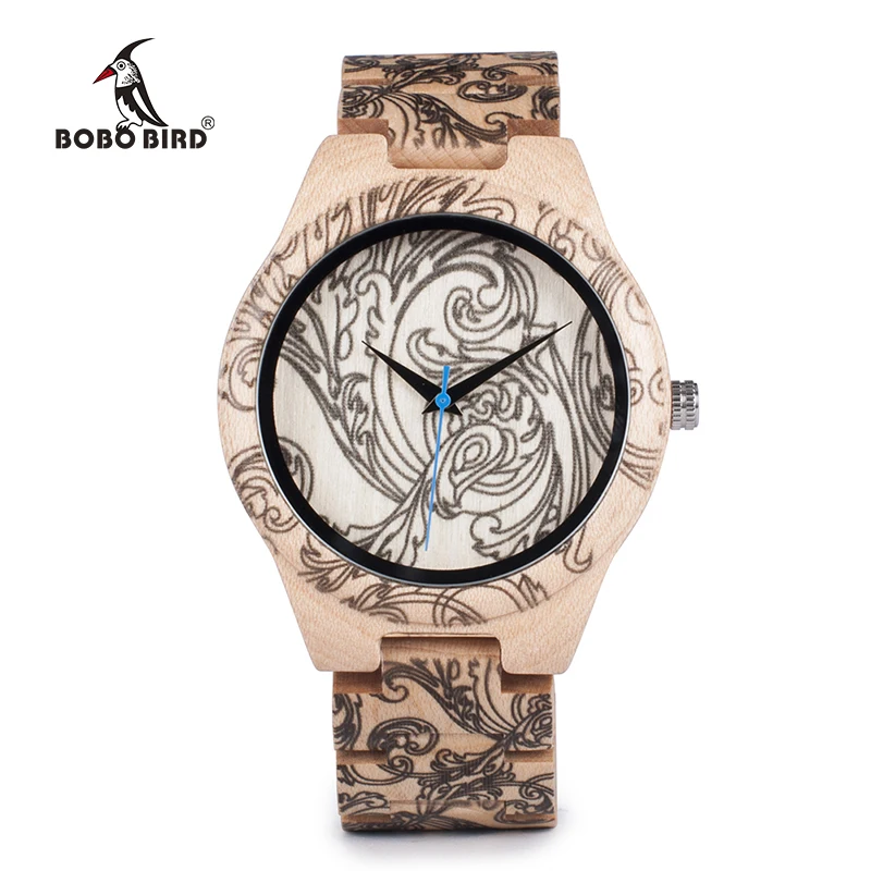 BOBO BIRD WO07 Pine Wooden Quartz Watches for Men UV Printing Tattoo Watch In Wood Box With Tool For Adjust Size Dropshipping