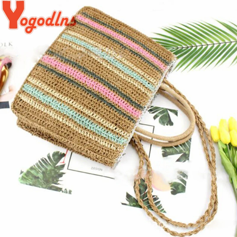 Yogodlns عارضة بوهو المنسوجة شنطة كتف للنساء متعدد الألوان شريطية القش اليد أكياس الإناث عالية الجودة أعلى-حقائب بيد