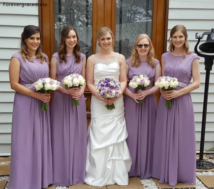 Chiffon Bridesmaid Dresses Scoop Neck Beaded Sash 2019 Custom Made Cap Sleeves Maid of Honor Gowns Cheap BM0208  73