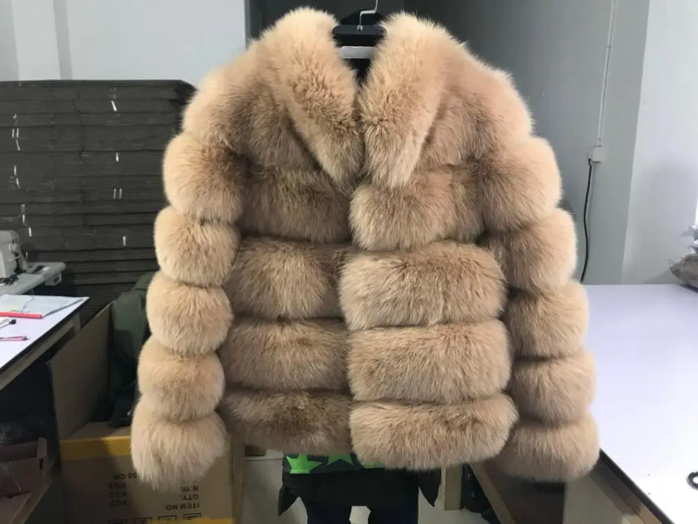 QIUCHEN PJ8139-1,, новое зимнее плотное меховое пальто, куртка из натурального Лисьего меха, высококачественное пальто из лисьего меха, верхняя одежда с воротником-стойкой - Цвет: camel