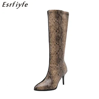 

ESRFIYFE 2019 New Women Knee High Boots Slip on Winter Shoes flock Thin High Heel Pointed Toe Women Boots large Size 32-48