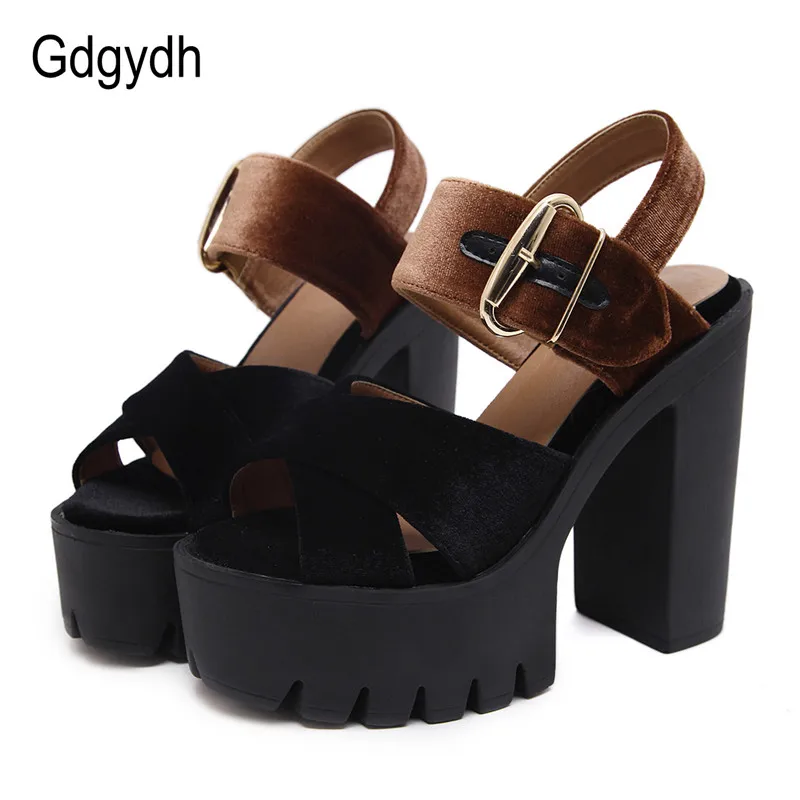 Gdgydh 2017 Summer Flock Women Sandals Open Toe Platform Square Heels Female Shoes Fashion Cut outs