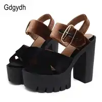 Gdgydh Summer Flock Women Sandals Platform Square Heels Female Shoes Fashion Buckle High Heeled Shoes Women Comfortable 2019 New