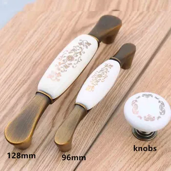 

128mm vintage style ceramic furniture handle bronze dresser kitchen cabinet wardrobe door handle antique brass drawer knob 96mm