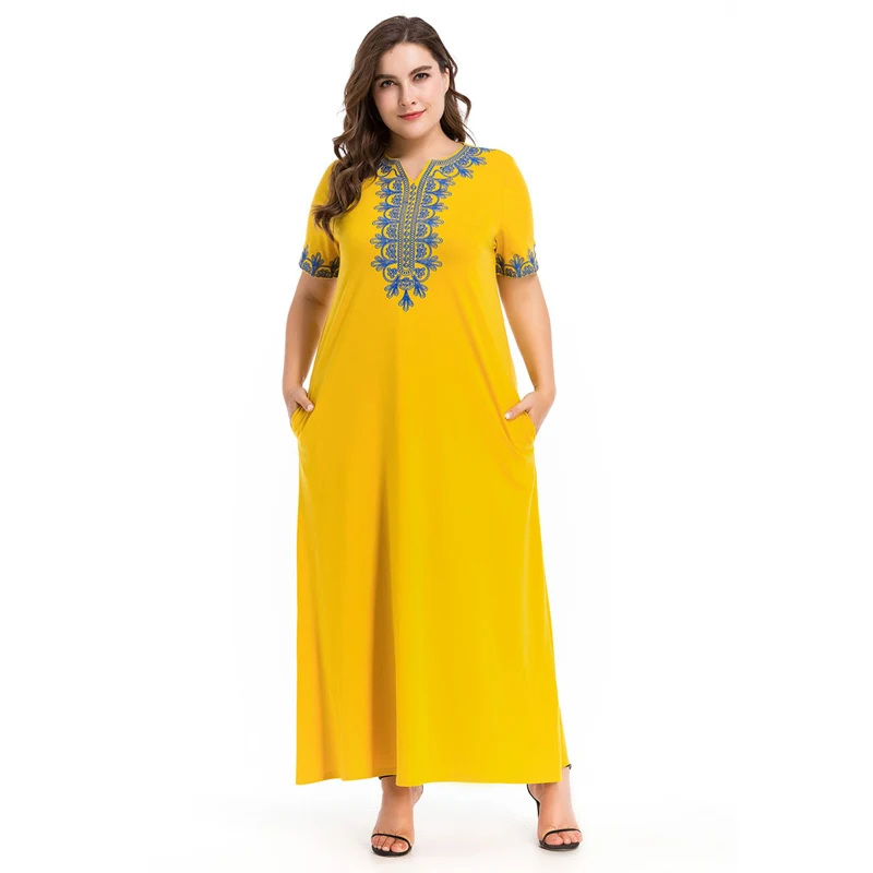 

Elegant Muslim Dress Applique Big Size Abaya Turkish Islamic Short Sleeve Robe Gowns Yellow Middle East Dubai Women Clothing 4XL