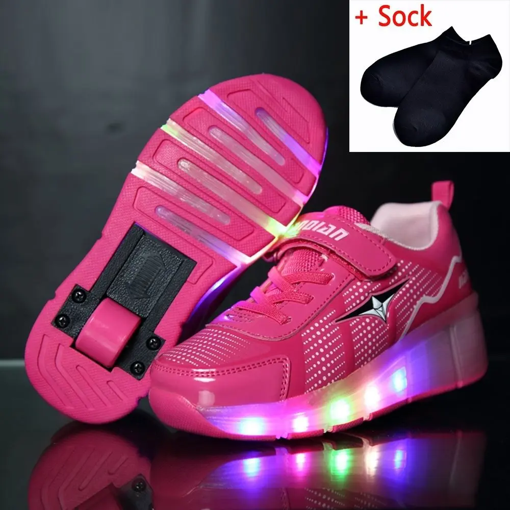 Детские светящиеся кроссовки с колесами, детские роликовые коньки, туфли со светодиодной подсветкой для девочек и мальчиков, обувь с крылышками, tenis infantil - Цвет: pink b073