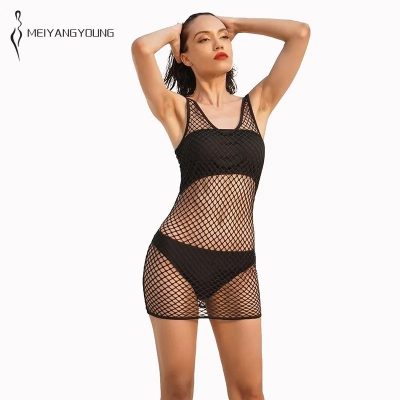 

MEIYANGYOUNG Black/White Fish Net Dress Women Summer 2019 V Neck Mini Dresses Hollow Out See Through Sexy Dress Party Night Club