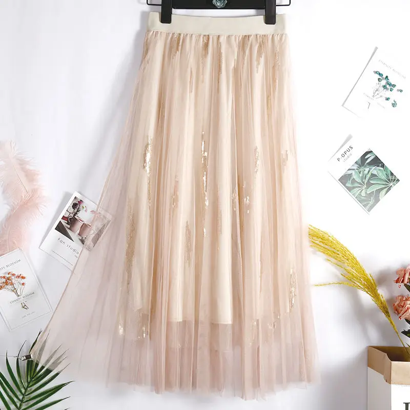 Новинка; Повседневная Свободная юбка с блестками; женская черная плиссированная юбка; Длинная летняя пляжная кружевная юбка; пикантная Женская юбка