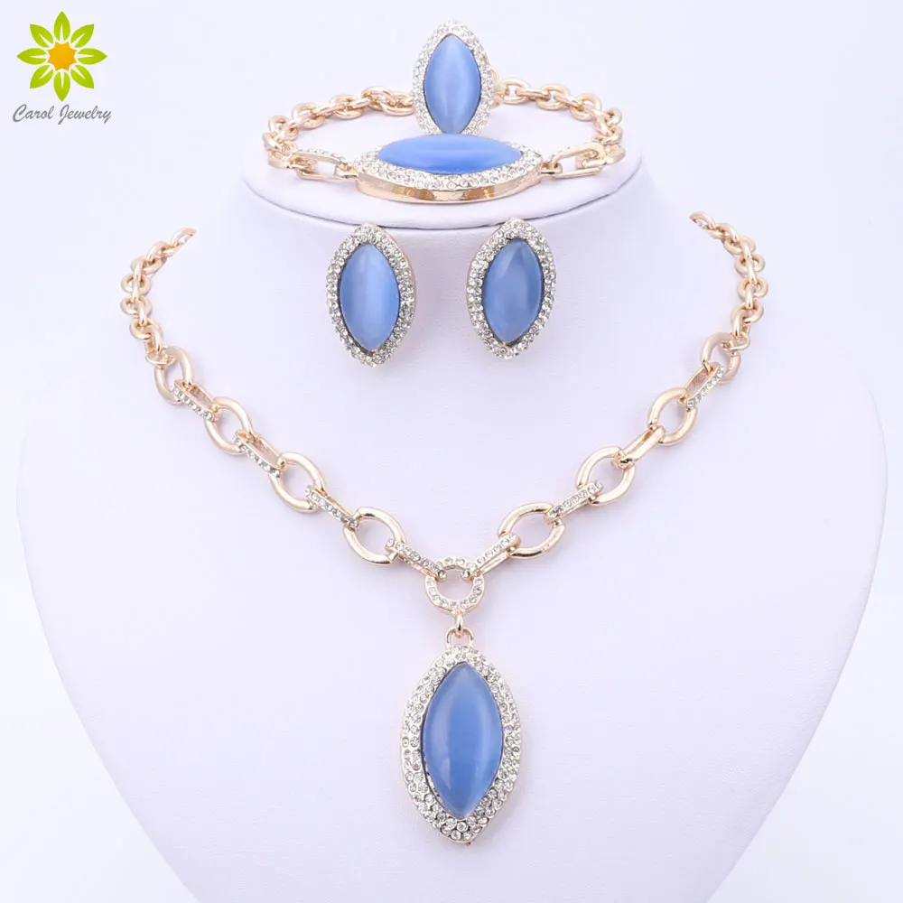 

New Jewelry Sets Fashion Wedding Accessories Women African Beads Crystal Gold Color Oval Shaped Pendant Necklace Earrings Sets