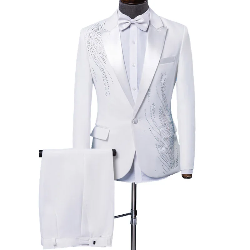 YUSHU мужские стильные костюмы со стразами сценический для певца свадебные костюмы жениха Мужские костюмы черные белые блейзеры брюки