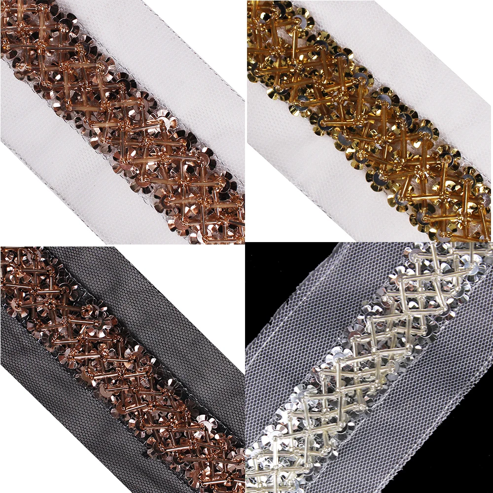 

10yards Beaded Sequins Lace Fabric Trim Ribbon Trimming Applique Dress Clothes Decorated Craft Sewing Accessories T2643