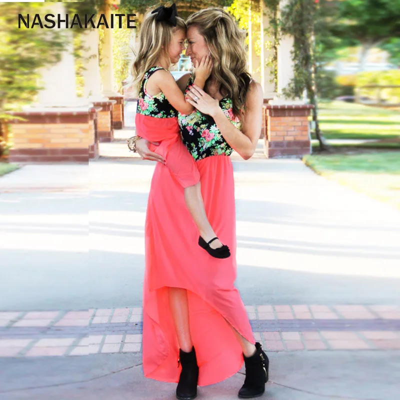 NASHAKAITE/Семейные комплекты; шифоновое платье с принтом; платье для мамы и дочки; moeder dochter kleding