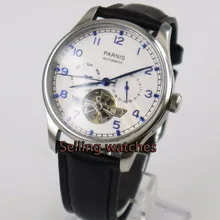 Parnis watch 43mm power reserve Black strap White dial date Automatic Self-Wind Men’s watch
