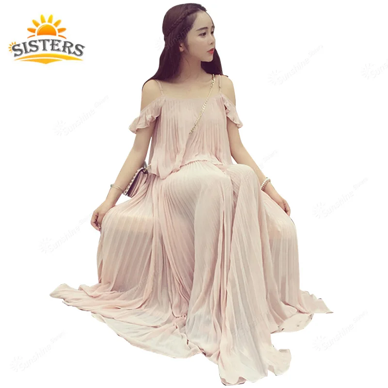 

Women Summer Bohemian Style Long Chiffon Dress Ladies Pregnant Maternity Dresses Pleated Big Swing Naked Pink Dress Strapless