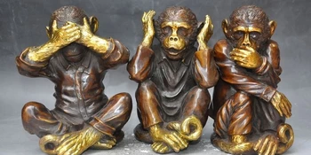 

China bronze gilt fengshui zodiac Animal 3 Monkey Different Sentiment statue Set