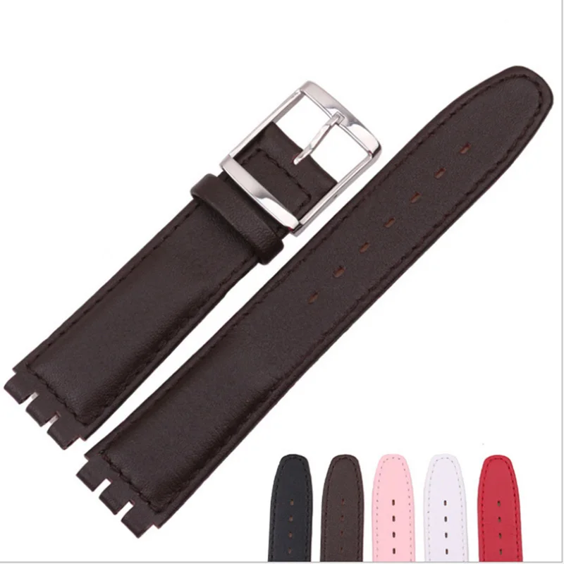 

17MM For Swatch Watchband Soft Genuine Leather Retro Classic Clasp Buckle Double Notched Watch Band Strap