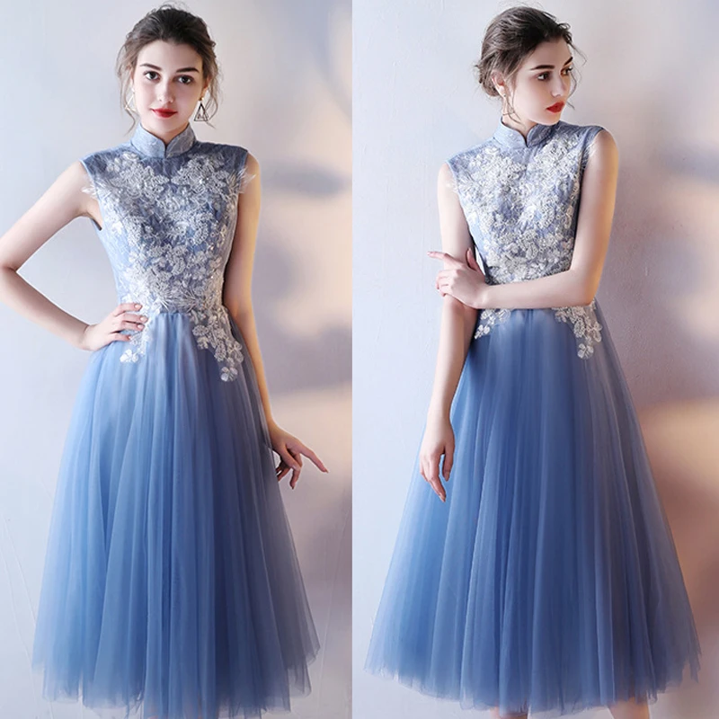 Элегантные платья невесты средней длины с высоким воротом голубое свадебное платье плюс размеры Тюлевое платье Soiree