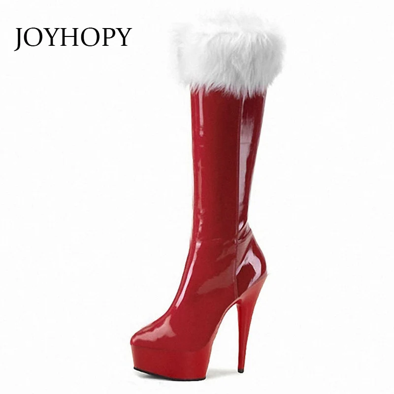 

Christmas Red Straight Winter Shoes Santa Claus Faux Fur Knee High Boots Women Super High Heel Platform Thin Leg Long Boots