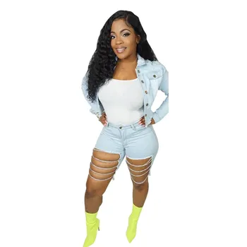 

2019 Summer Women Short Jeans Sexy Night Club Chain Denim Pants High Hole Jeans