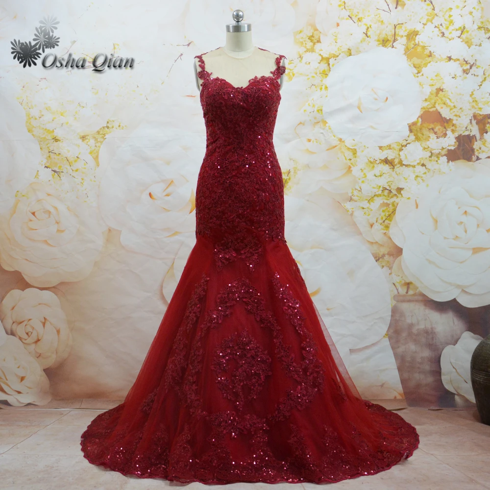 Wine Red Prom Dresses Mermaid Lace Sparkly Sequined Long Party Dress