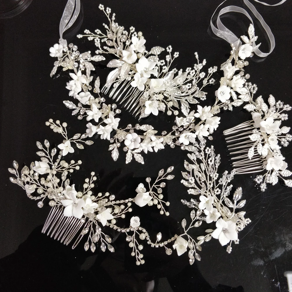 

Antique Silver Bridal Hair Vine Headband Crown Clay Flower Wedding Hair Comb Clip Crystal Leaf Brides Tiara Hair Accessories