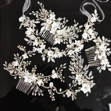 Antique Silver Bridal Hair Vine Headband Crown Clay Flower Wedding Hair Comb Clip Crystal Leaf Brides Tiara Hair Accessories idealway bridal hair ornaments long hair vine pearl headband for women crystal flower tiara head chain wedding hair accessories