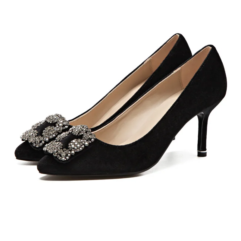 

High heel shoes, women's 2018 summer leather suede women's heels, thin and sharp pointed diamond shoes, lady's shallow banquet.