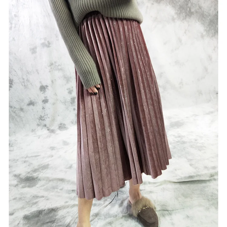 Винтажная весенне-осенняя Женская плиссированная юбка трапециевидной формы с высокой талией, Женская Бронзовая юбка средней длины Faldas Jupe Femme