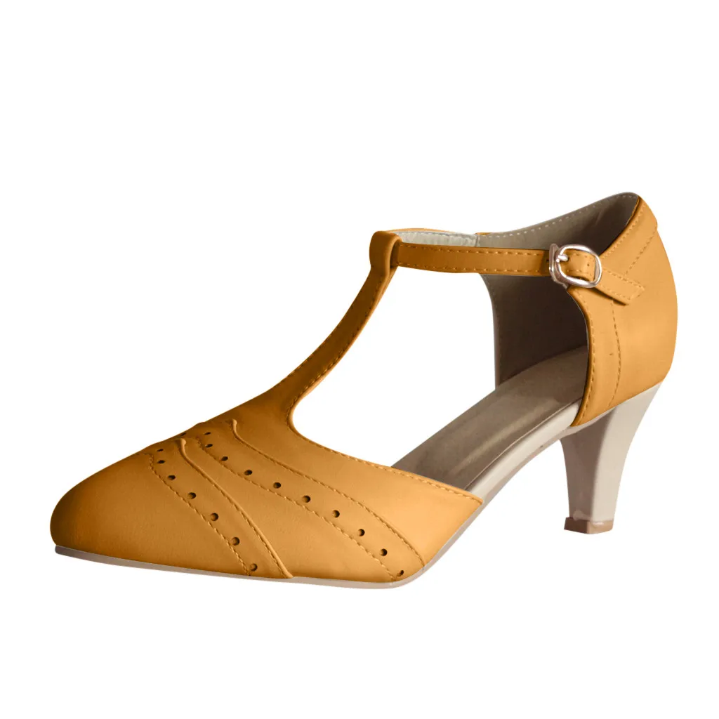 KLV/пикантные женские туфли-лодочки для работы; обувь на толстом каблуке; элегантные женские босоножки с Т-образным ремешком и пряжкой; женские босоножки; Sandalen Dames - Цвет: Цвет: желтый